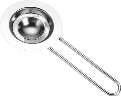 A stainless steel egg yolk separator with a long handle, shown against a white background.