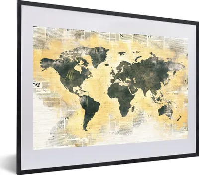 Produktbild von MuchoWow® MuchoWow® Gerahmtes Poster Weltkarte - Zeitung - Gold 60x40 cm - Poster mit zchwarzem Bilderrahmen - Schlafzimmer - Plakat in Rahmen - Drucken
