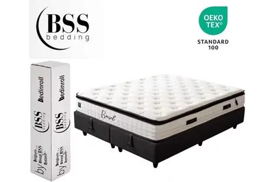 A mattress and its packaging are displayed on a white background, with a certification logo in the upper right corner.