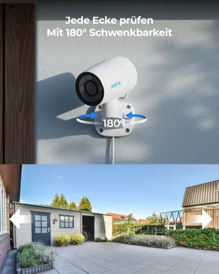 A security camera mounted on a wall and a view of a backyard.