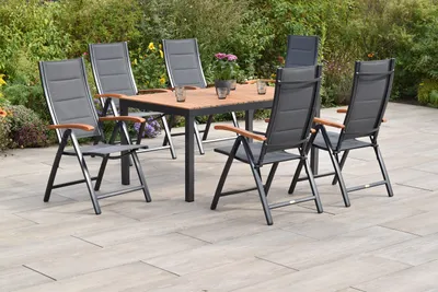 Produktbild von Merxx Gartenmöbel Set Paxos 7tlg., 6 Klappsessel, Tisch 150 x 90 cm- Aluminium/Akazie/Textil