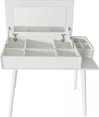 A white vanity table with its mirror open and compartments visible.