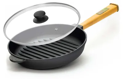 Produktbild von Ø24cm Grillpfanne aus Gusseisen mit Glasdeckel Induktion Holzgriff Bratpfanne Pfanne Feuerpfanne