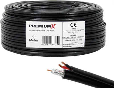 Produktbild von PremiumX 50m RG59 Koaxialkabel + 2 Netzkabel Eca Videobild und Stromversorgung