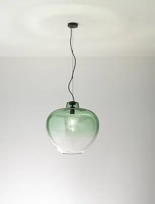 Immagine prodotto di Sospensione in vetro soffiato 10S46667 VE, design moderno con finitura verde specchiato sfumato e struttura in metallo nero opaco, E27 - Perenz