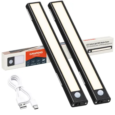 Produktbild von Grundig LED Wandstrahler 2er-Set - Akkubetriebene Wandlampe für den Innenbereich mit PIR-Sensor - Wandleuchte mit LED - Magnetische Lampe - USB-C - Schwarz, KI-generiertes Bild