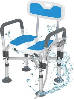 Produktbild von Duschstuhl Höhenverstellbar 39-49,5 cm mit Armlehnen Rückenlehne | Aluminiumgestell, bis 200 kg belastbar, 5-fach höhenverstellbar, Hygieneausschnitt, rutschfeste Füße, für Senioren