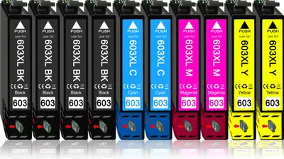 A collection of printer ink cartridges arranged in a row.