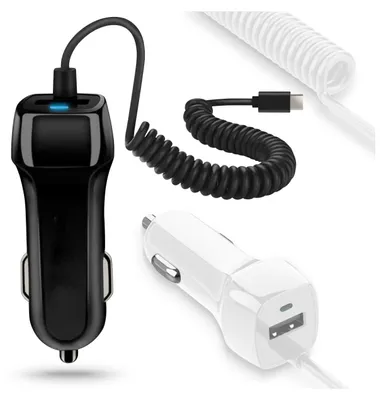 Two car chargers, one black and one white, are shown against a white background. The black charger has a coiled USB-C cable attached, while the white charger has a USB-A port.
