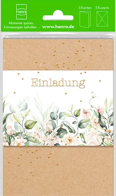 Produktbild von Einladungen 5 Einladungskarten mit 5 Briefumschlägen im Topper Blumen auf braun