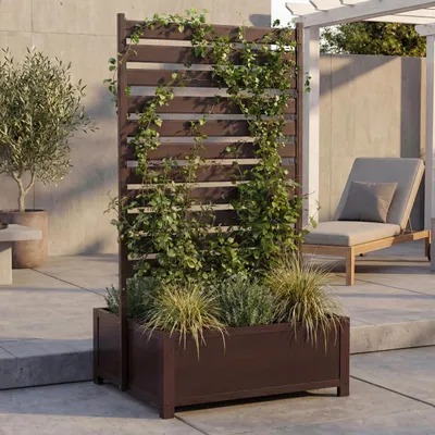 Image de Jardinière en aluminium avec treillis HWC-P97, bac à fleurs, pot de fleurs, espalier, 158 x 90 x 75 cm ~ brun foncé