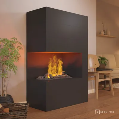 Produktbild von GLOW FIRE Elektrokamin 'Tucholsky Left Corner' | Wasserdampf Kamin mit OMC 600 inkl. Holz in schwarz als Raumteiler | HxBxT: 140x90x45 cm