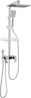 A white shower system with a digital display, overhead rain shower, and handheld showerhead, presented against a white background.