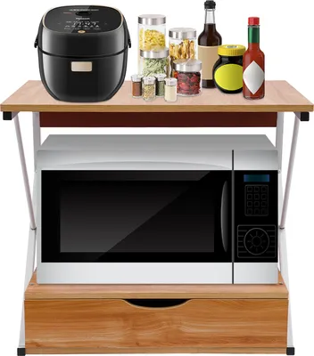 Obrázek produktu pro dvoupatrová police do mikrovlnné trouby se zásuvkou Kuchyňská police Držák mikrovlnné trouby Stojan na mikrovlnnou troubu 54*35*50cm (dřevo+bílá)
