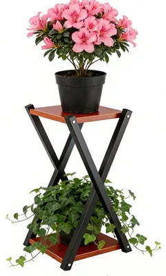 Immagine prodotto di Supporto per piante, design angolare in legno, struttura robusta, colore marrone, dimensioni 27x27x56,5 cm