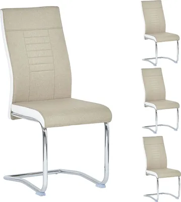 Produktbild von 4er Set Esszimmerstuhl ALBA Küchenstuhl Schwingstuhl, Stoffbezug in beige und weiß, Metallgestell in Chrom