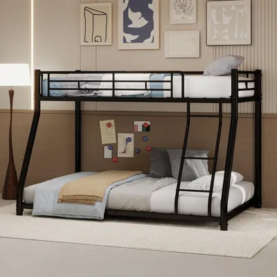 Produktbild von MODFU Etagenbett 90x190/140x190 Metallbett stabiler Rahmen erhöhtes Geländer Leiter platzsparend Schlafzimmer Eisen schwarz ohne Matratze