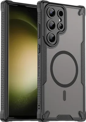 A phone case with a magnetic ring on a plain background.