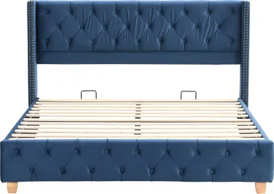 Produktbild von Polsterbett 160x200cm Doppelbett (ohne Matratze) Samt Blau Gästebett Mit Lattenrost Mit Knopfpolsterung Nietenpolsterung Holzbein