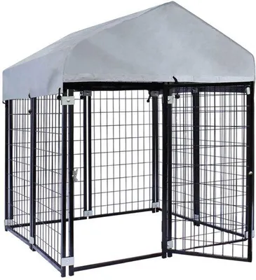 Obrázek produktu pro Venkovní výběh pro psy se střechou - 121x121x137 cm - Ocelová konstrukce - Černá barva - Vhodný pro velké psy