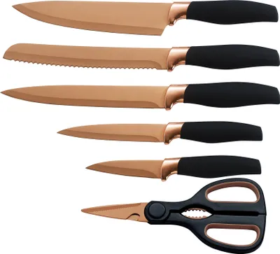 Produktbild von 6tlg. Messerset KING® TITANIUM ROSÉ 5 Küchenmesser plus Universalschere / Titanbeschichtete Kingen / im Geschenkkarton / Kochmesser 20cm, Brotmesser 20cm, Universalmesser 12.5cm, Käsemesser 12.5cm, Ausbeinmesser 20cm & Gemüsemesser 8.5cm, Universalschere 20cm