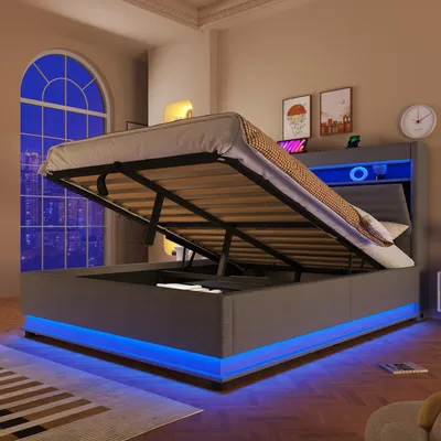 Produktbild von Flieks Hydraulisches Polsterbett 140x200cm mit Led, Stauraumbett Doppelbett mit Usb & Type-c, Jugendbett mit Stauraum und Lattenrost, Leinen, Grau