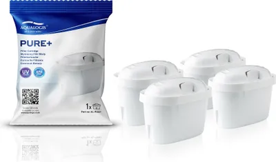 A package of water filter cartridges and four individual cartridges.