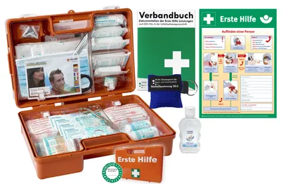 Produktbild von Erste-Hilfe-Koffer M3 PLUS für Betriebe - aktuelle DIN/EN 13157 - inkl. Notfallbeatmungshilfe, Verbandbuch & Hygiene-Gel & Plakat"Erste Hilfe"