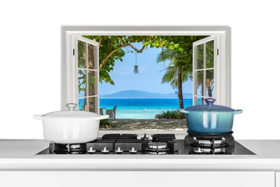Obrázok produktu pre MuchoWow® Splashback kuchyňa - kuchynský backsplash - ochrana steny pre sporák a drez - výhľad - strom - more - palma - kopec - pláž - modrá 60x40 - alu dibond (alternatíva k sklenenému splashbacku) - tepelne odolný - splashback sporák - ochrana dlaždíc - splashback do kuchyne - sporák - moderný - kuchynská stena - ochrana steny