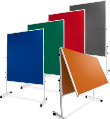Several mobile moderation boards of different colors are displayed in a row, with one board in the foreground folded.