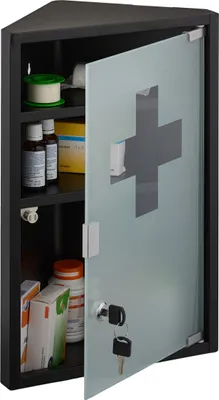 Image de Armoire à pharmacie Relaxdays, 3 compartiments, L x P x H : 45 x 30 x 17,5 cm, verrouillable, acier, porte vitrée, armoire d'angle, noir