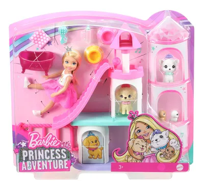 Immagine prodotto di Barbie Principessa Avventura, bambola Chelsea (bionda), playset castello degli animali domestici