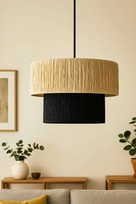 Produktbild von Opviq, Moderne Pendelleuchte (Verstellbar), Creme und Schwarz, Ø20-30 cm, Höhe: 22-48 cm | Kunststoffkörper, Makramee-Kappe, E27, Max 40 W | Stilvolles skandinavisches Design für Ihr Zuhause.