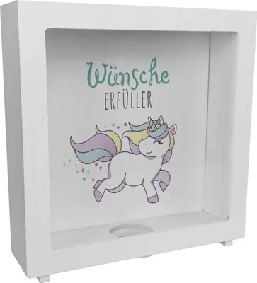 Produktbild von Einhorn Rahmen Spardose aus Holz mit Spruch Wünscheerfüller