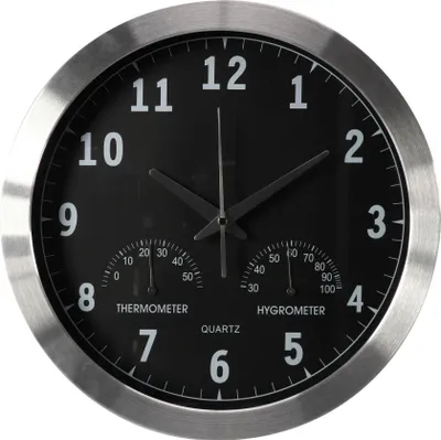 A round wall clock with a black face, silver frame, and integrated thermometer and hygrometer.