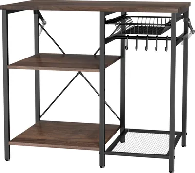 Zdjęcie produktu dla Półka kuchenna SucceBuy z prętem podtrzymującym w kształcie litery X, 5 haczykami w kształcie litery S i kilkoma półkami (90 x 40 x 90 cm), półka mikrofalowa na naczynia, miski i metalowe butelki na przyprawy