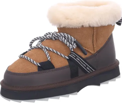 A single brown and tan boot with white and black laces and a fluffy white trim.