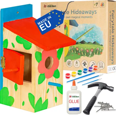 Produktbild von ITA DIY Nistkasten zum Zusammenbauen und Bemalen TreeTopTreat - Vogelhaus Komplett Bausatz mit Hammer, Nägeln, Farben zum Bauen und Malen für Kinder - Bastelset für Jungen & Mädchen - Vogelhäuschen