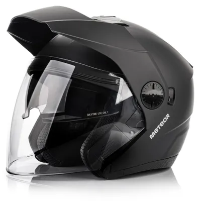 Produktbild von Jethelm Meteor Hekato Motorradhelm ECE 22.06 Schwarz Matt M 57-58 cm | Offener Jet Motorrad Roller Helm mit Sonnenblende, Visier & waschbarem Futter