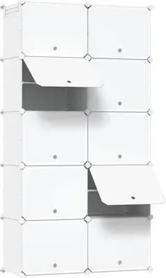 A white modular storage cube unit.