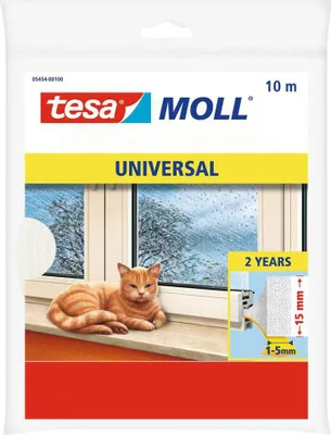 The image shows the packaging of a Tesa Moll Universal weatherstripping product, featuring a cat sitting on a windowsill with a rainy window in the background.