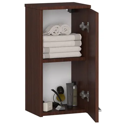 Immagine prodotto di Mobile bagno sospeso: un'anta, due ripiani, colore: wengé, dimensioni del mobile: L: 30 cm, A: 60 cm, P: 22,5 cm.