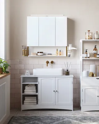 Produktbild von VASAGLE Badezimmerschrank mit 3 Türen, Spiegelschrank, Wandschrank, Stecker, Hängekorb, Haartrockner-Halter, viel Stauraum