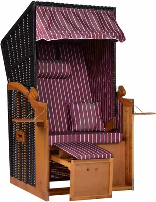 Produktbild von Webavita Strandschönheiten AVA Strandkorb Ostsee Single Vollholzfront außen schwarz innen burgund weiß Nadelstreifen Balkone Terrassen Garten Lounge
