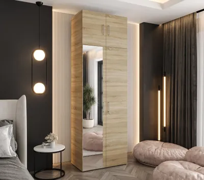 Produktbild von Drehtürenschrank 242x80x48 cm Eiche Sonoma mit Spiegel und Aufsatz – Moderner Kleiderschrank mit viel Stauraum für Schlafzimmer und Flur