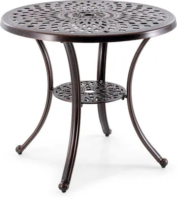 Produktbild von Famanu Balkontisch mit Parasolloch und Ablage, runde Gartentisch aus Aluminium, wetterfeste Terrassentisch, 79 x 79 x 71 cm