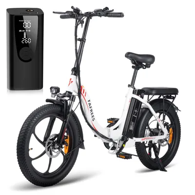 A white electric folding bicycle with a black portable air pump next to it, presented on a white background.