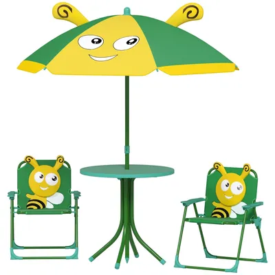 Image de Ensemble de mobilier pour jardin d'enfants sur le thème des abeilles : une table, 2 chaises et un parasol. | Couleur : vert et jaune