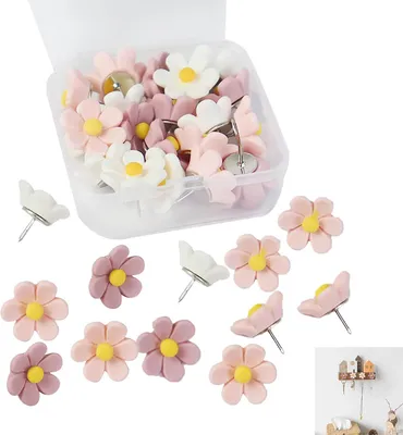 Image de 30 punaises en forme de fleur - Multicolores - Adorables - Punaises - Bouchons en liège décoratifs - Pour le bureau ou la maison