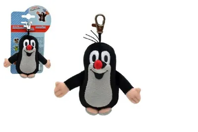 A plush toy mole keychain is shown, with a smaller version of the product and its packaging in the background.